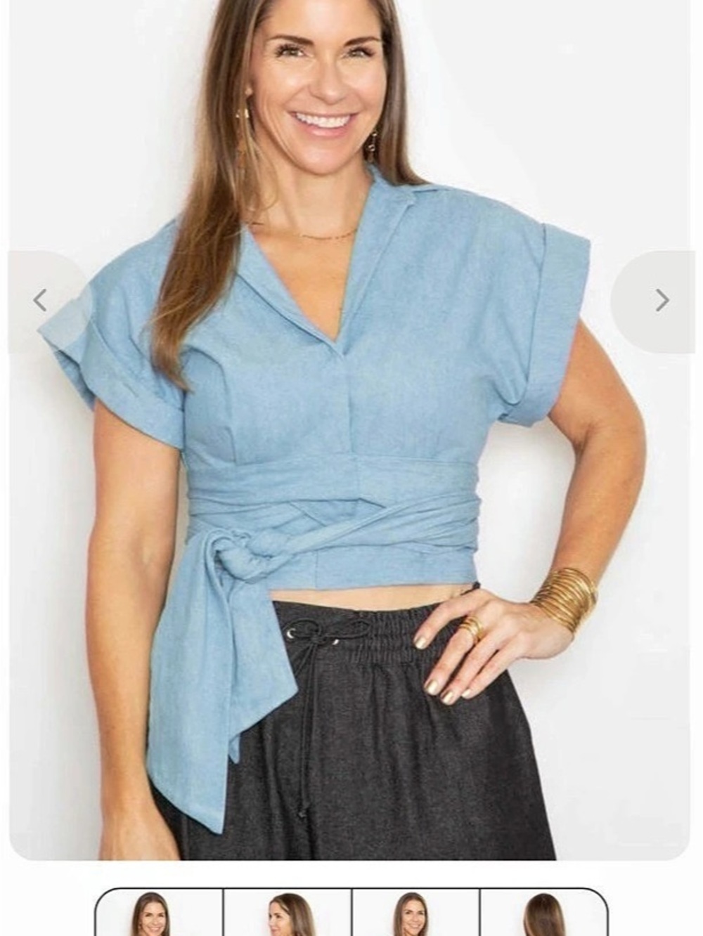 Just Bee Queen Casey Top Blue Tie-Waist Blouse, Size small